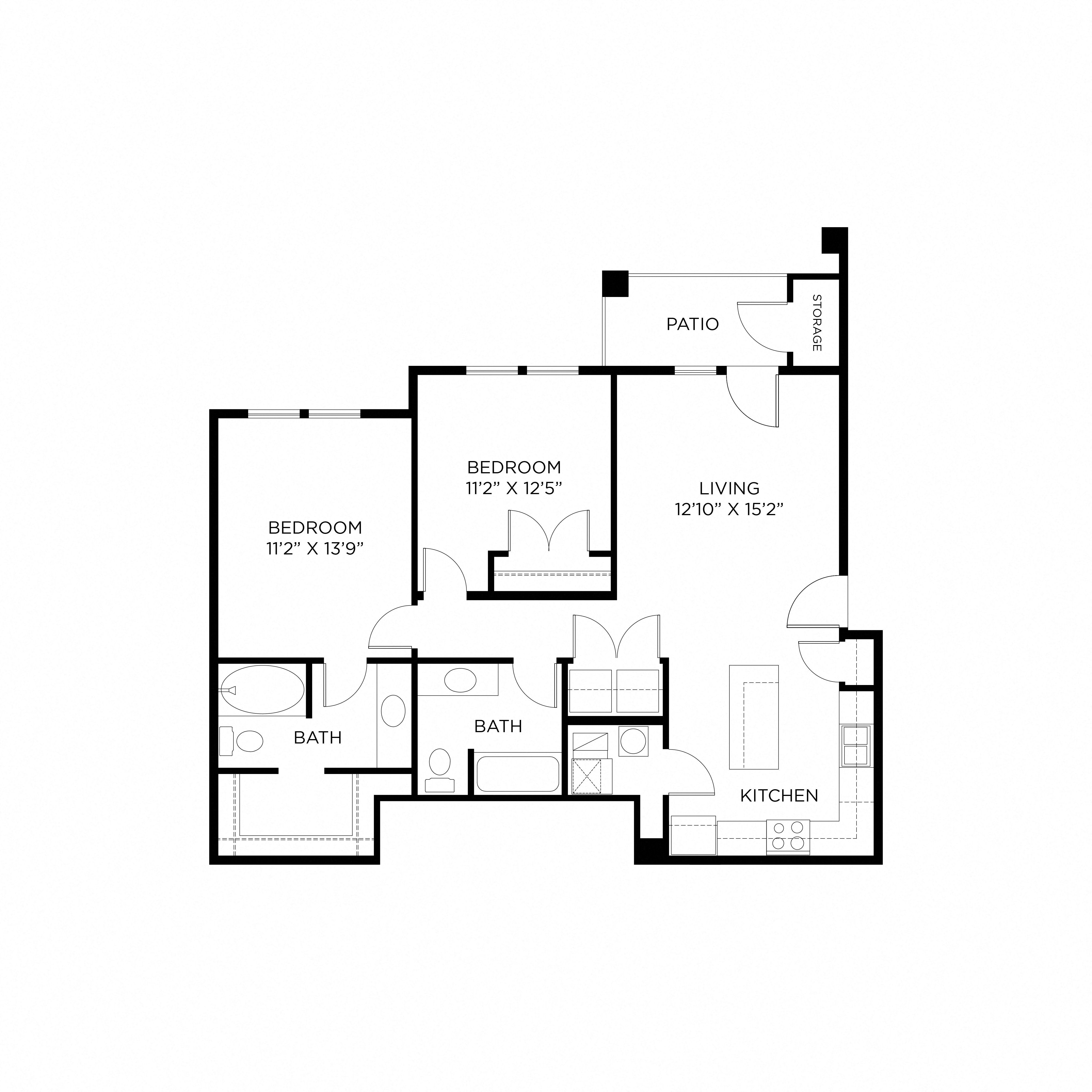 Floor plan for 2 beds, 2 baths, 1076 sqft
